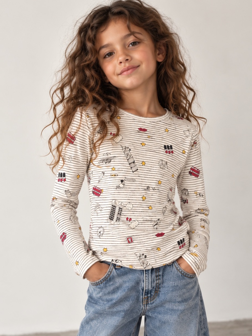 Zara Girls Striped London Graphics Long-Sleeve T-Shirt ~ Size 8